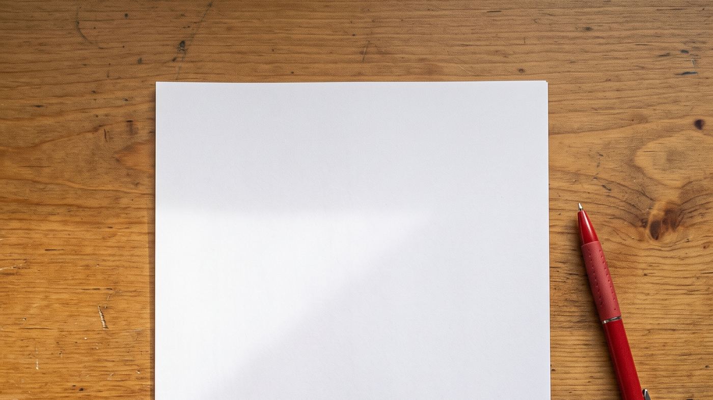 Folha em branco e caneta vermelha sobre a mesa, antes de conferir a lista de dívidas